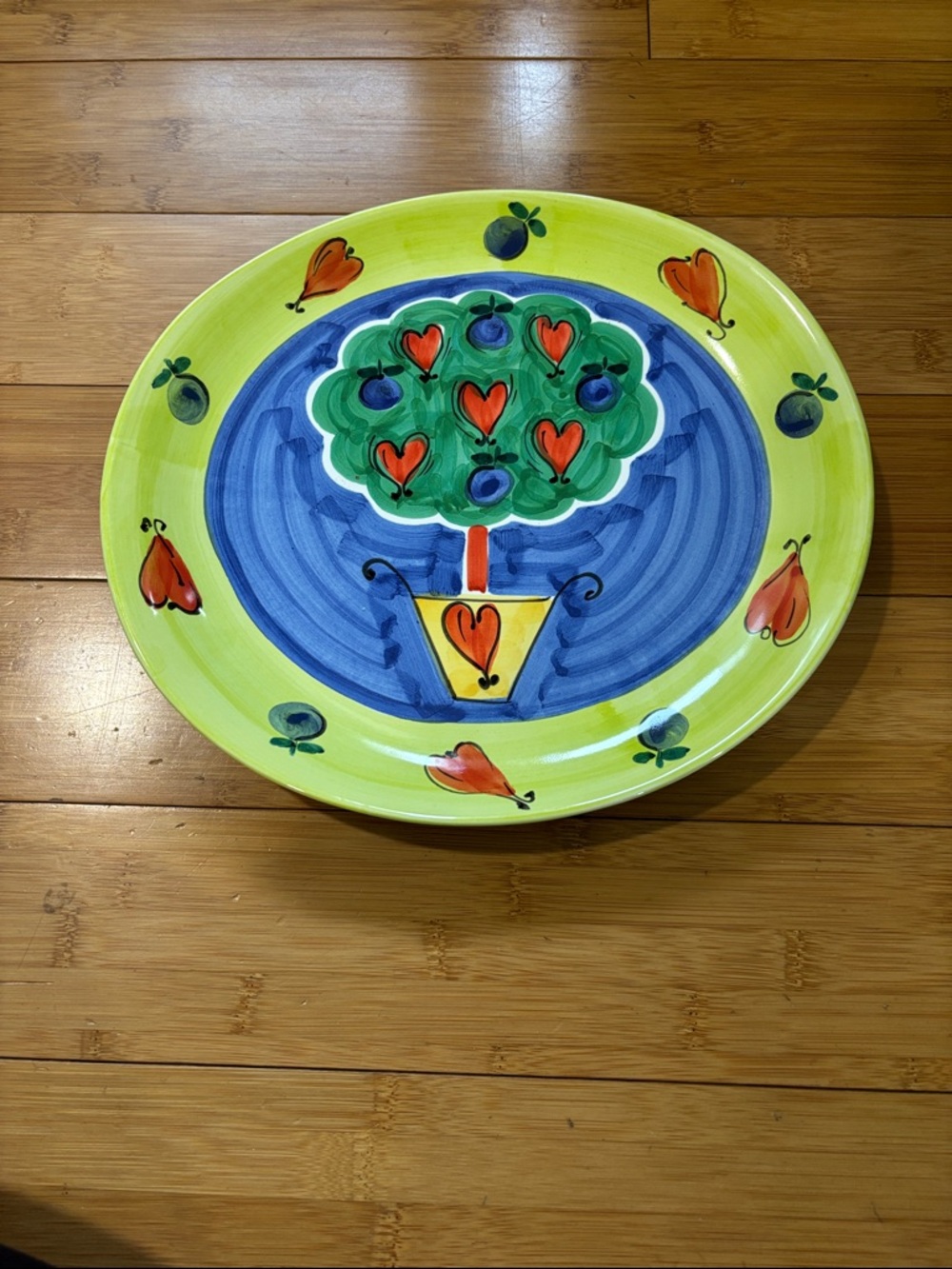 Vintage Hand-Painted Ceramic Serving Platter in Lime Green & Blue